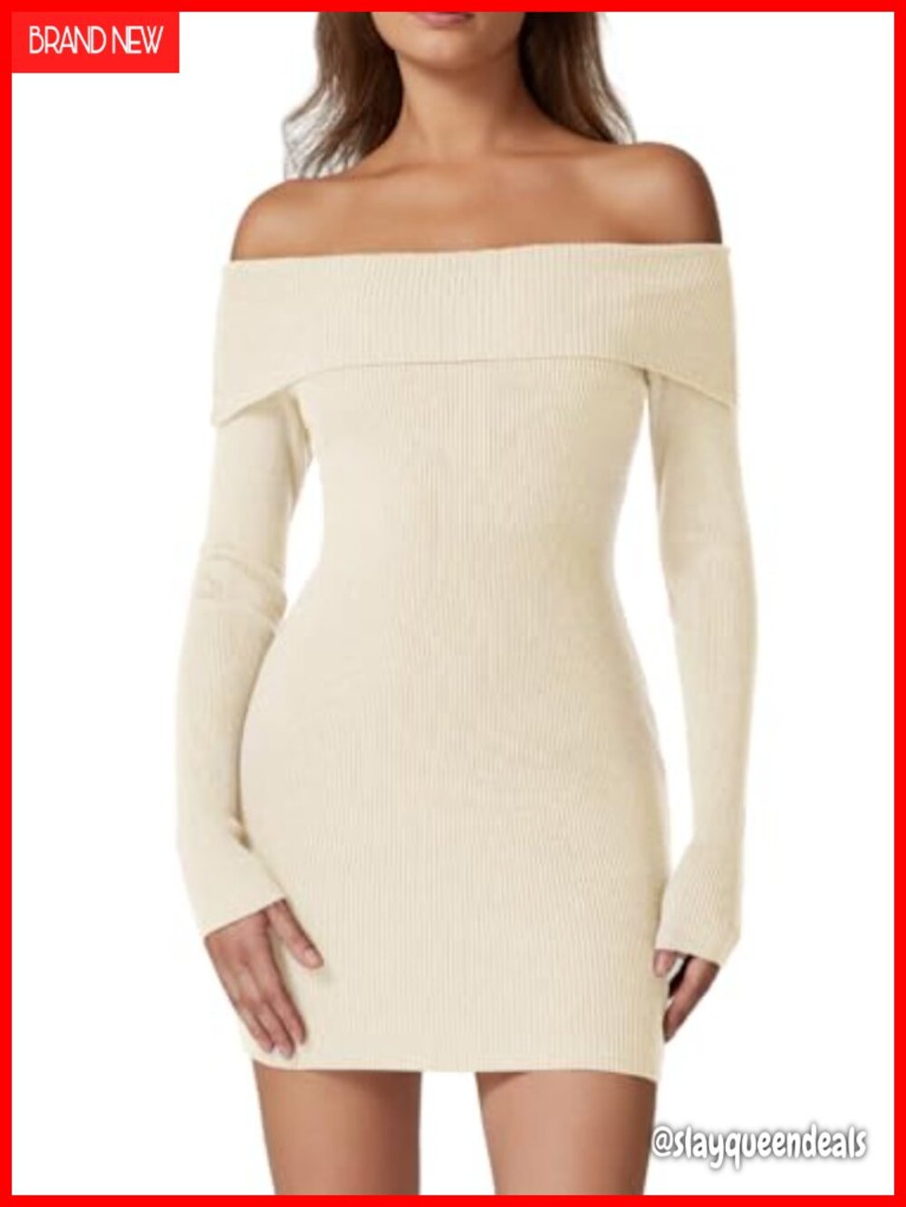 Off Shoulder Ribbed Knit Sweater Dress Folded Neck Long Sleeve Mini Bodycon